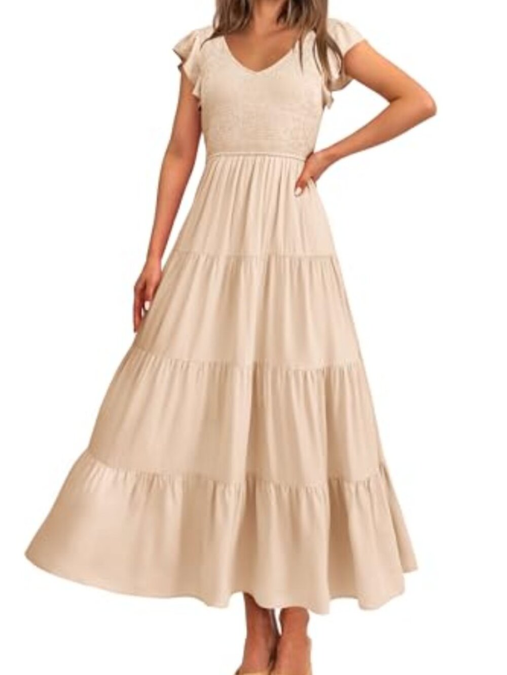 🆕 Womens Summer Flowy Maxi Dress Casual Cap Sleeve V Neck Smocked - Solid Beige